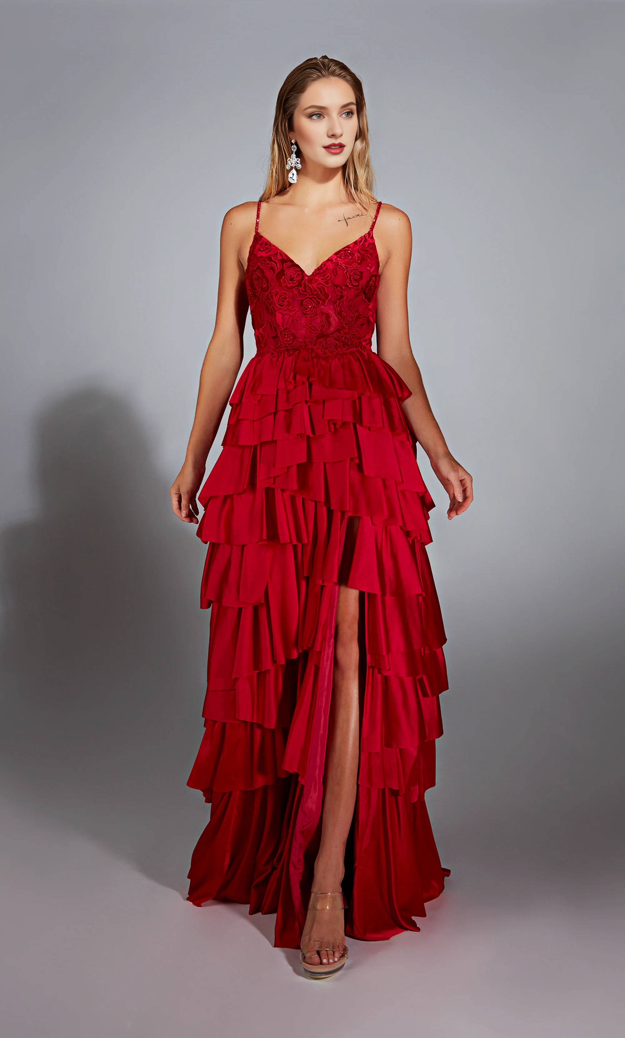 Satin chiffon evening gown V-neck A-line tight corset with slit long formal dress