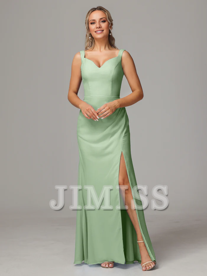 Vestido de dama de honor de gasa con escote en V, abertura, sin mangas y hombros descubiertos