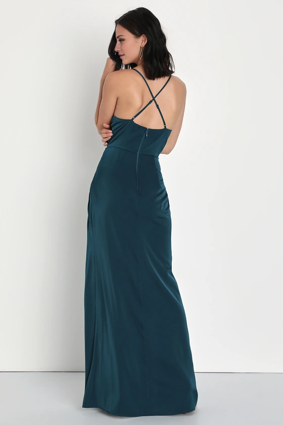 Teal Satin A-Line Floor-Length Dress with Cowl Neck & Criss-Cross Straps