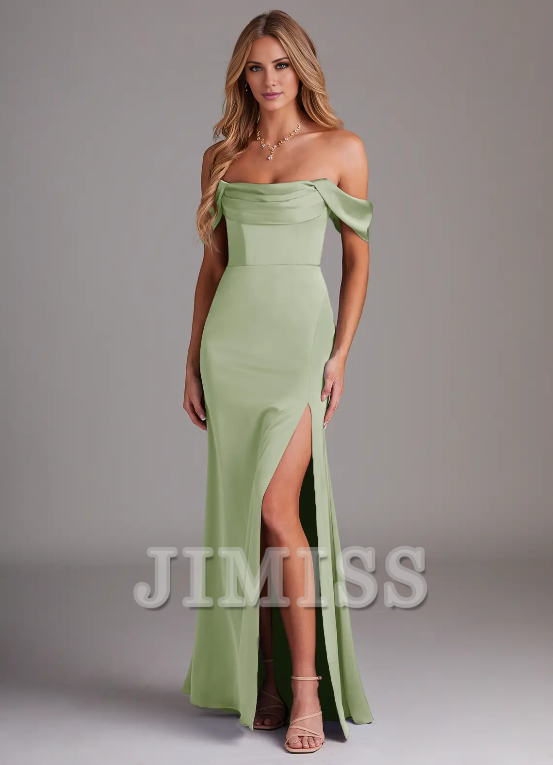 Vestido de dama de honor de satén con abertura lateral y hombros descubiertos, largo hasta el suelo - Vestido Jimiss 