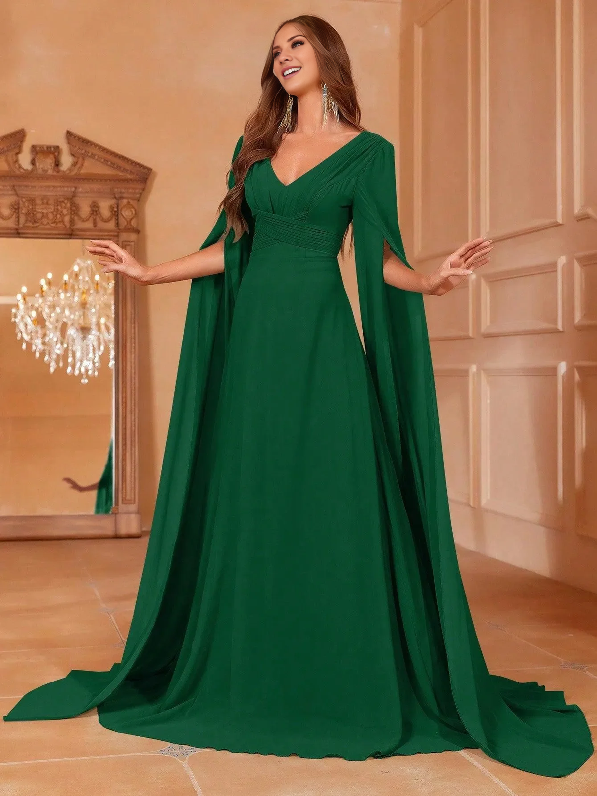 Blushing Pink A-Line Chiffon Gown with Cape Sleeves