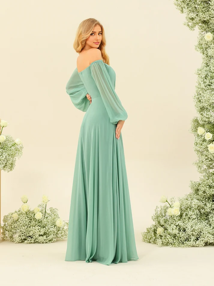 Mint Green Chiffon Off-the-Shoulder A-Line Floor-Length Dress with Ruched Bodice and High Slit