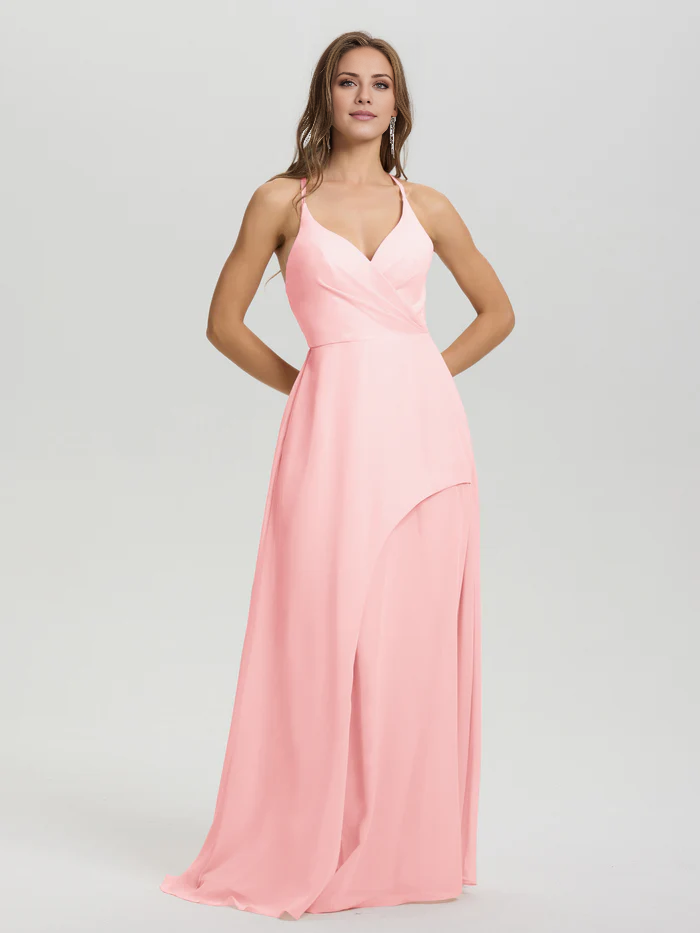 Shoulder strap V-neck backless long chiffon formal and floor length Bridesmaid dresses