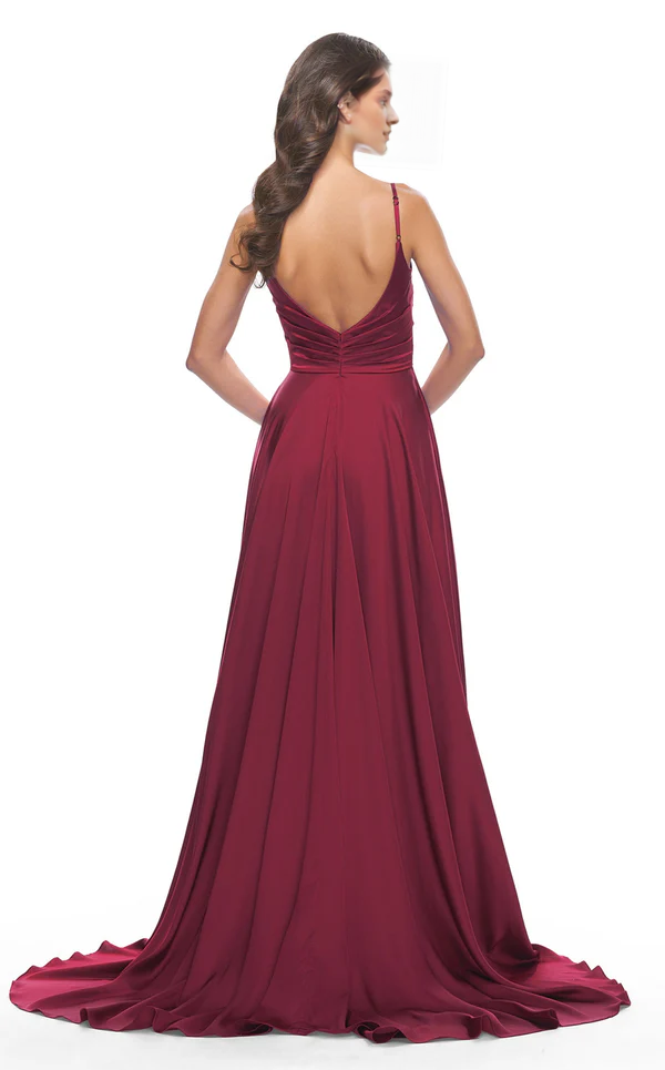 Abito da ballo lungo fino al pavimento, senza maniche, scollo a V, trapezio, spalline sottili, spacchi laterali e trasparente