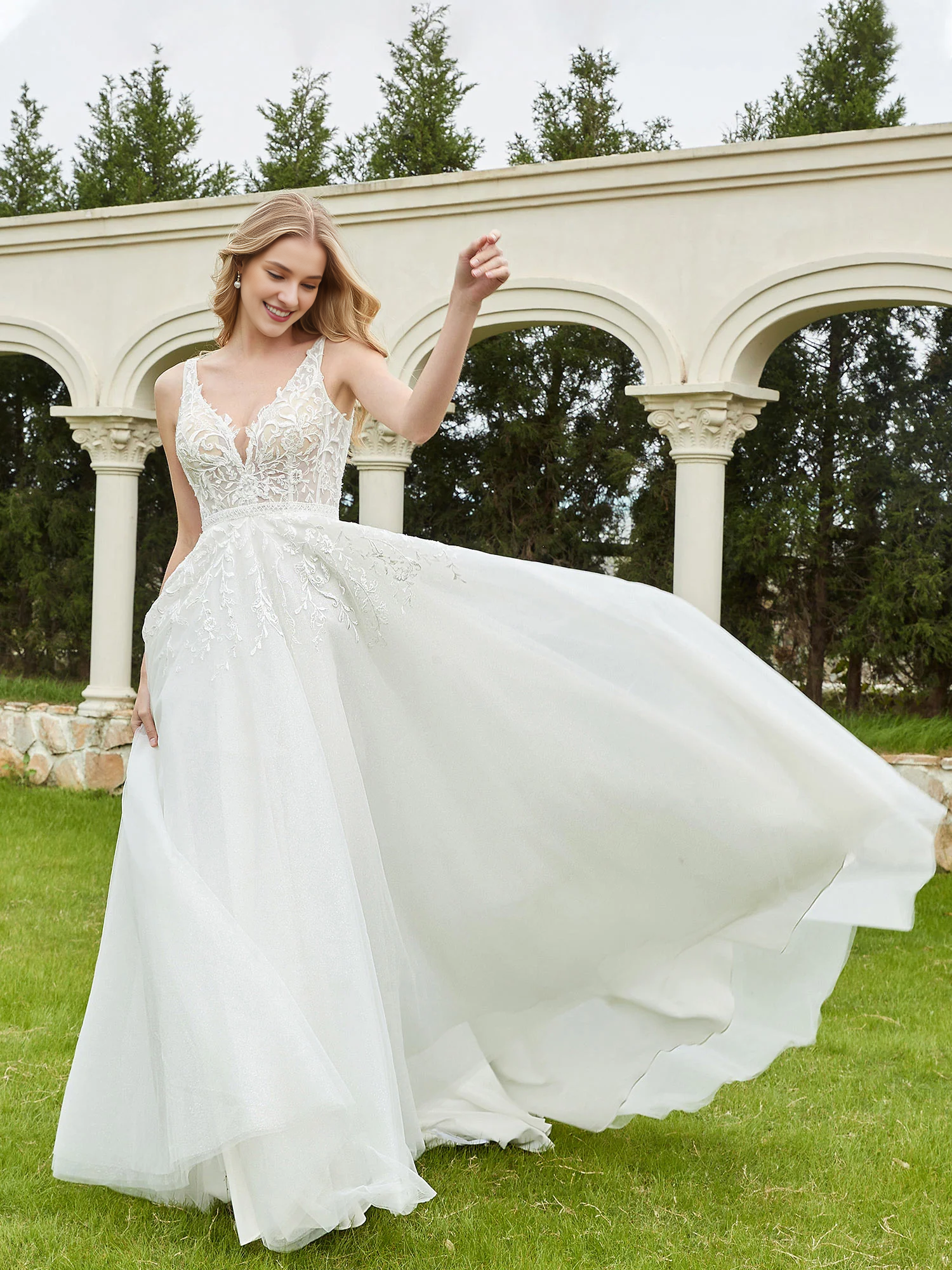 Ivory Lace A-Line V-Neck Floor-Length Bridesmaid Dress