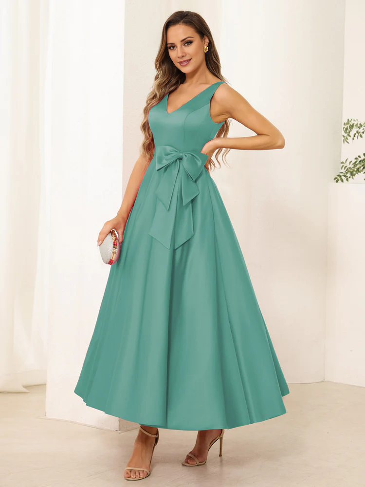 Dark Navy Satin A-Line Tea-Length Bridesmaid Dress with V-Neck and Waist Bow