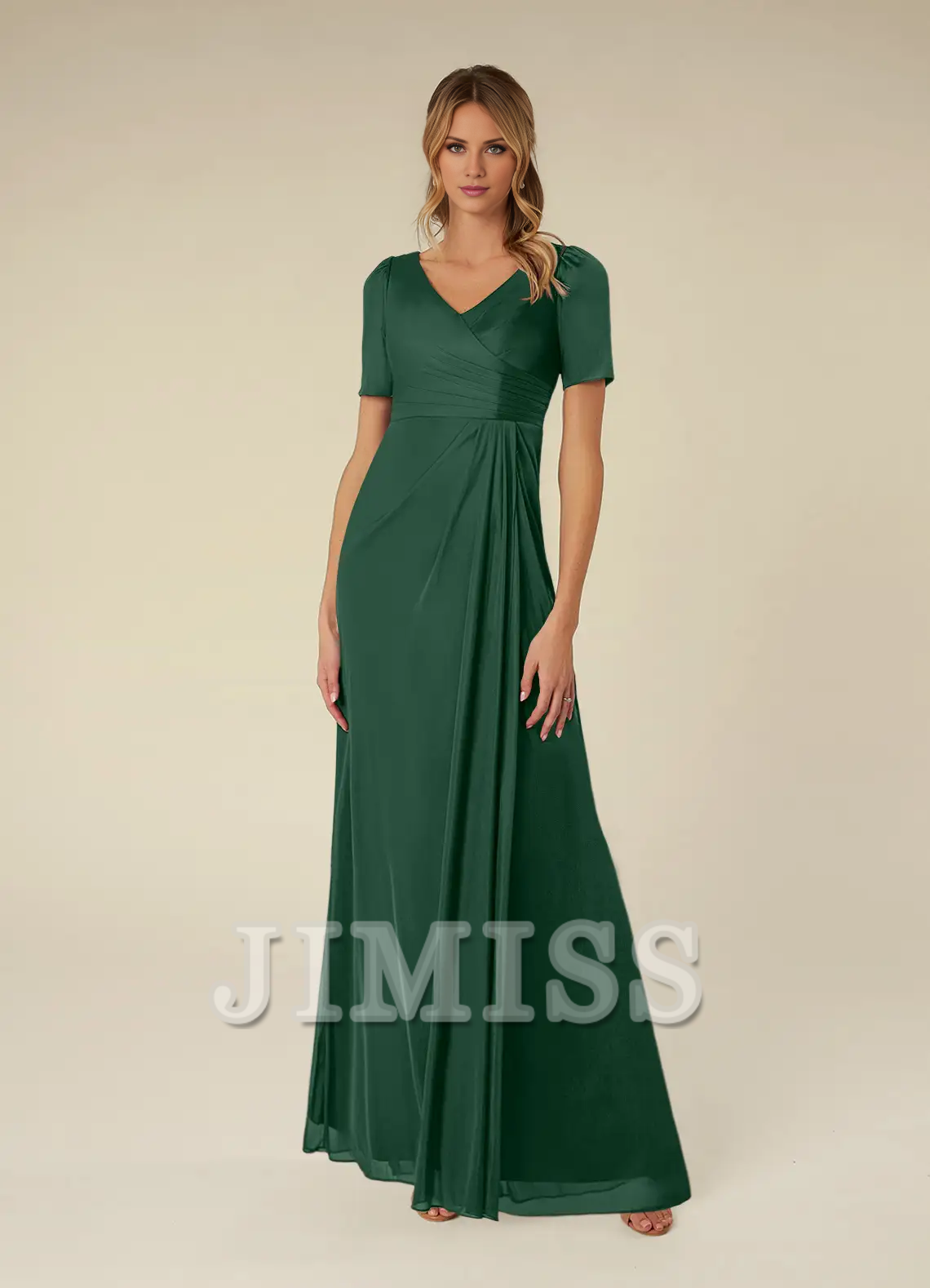 Abito da madre della sposa lungo fino al pavimento, a maniche corte, in rete plissettata, a trapezio