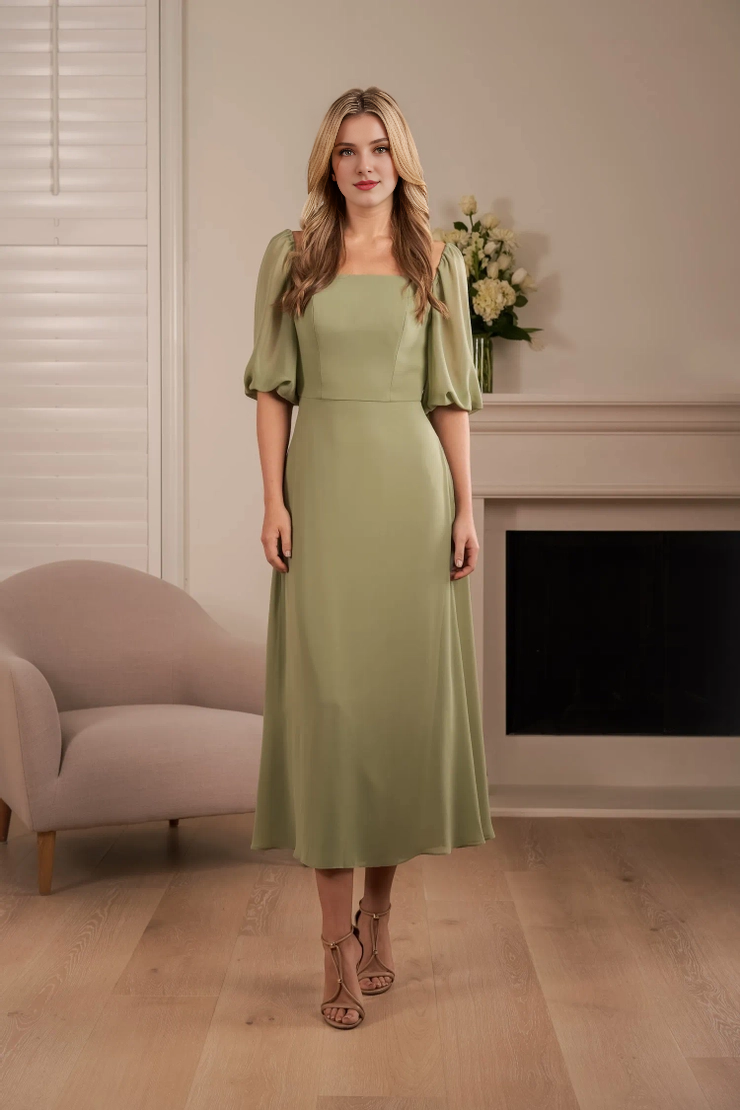 Vestido de dama de honor de gasa con escote cuadrado, lazo y espalda cuadrada