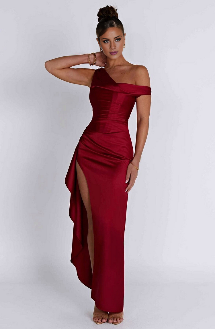 Vestido de fiesta Jimiss con cuello asimétrico, hombros descubiertos, sin mangas, espalda descubierta, abertura lateral y largo hasta el suelo