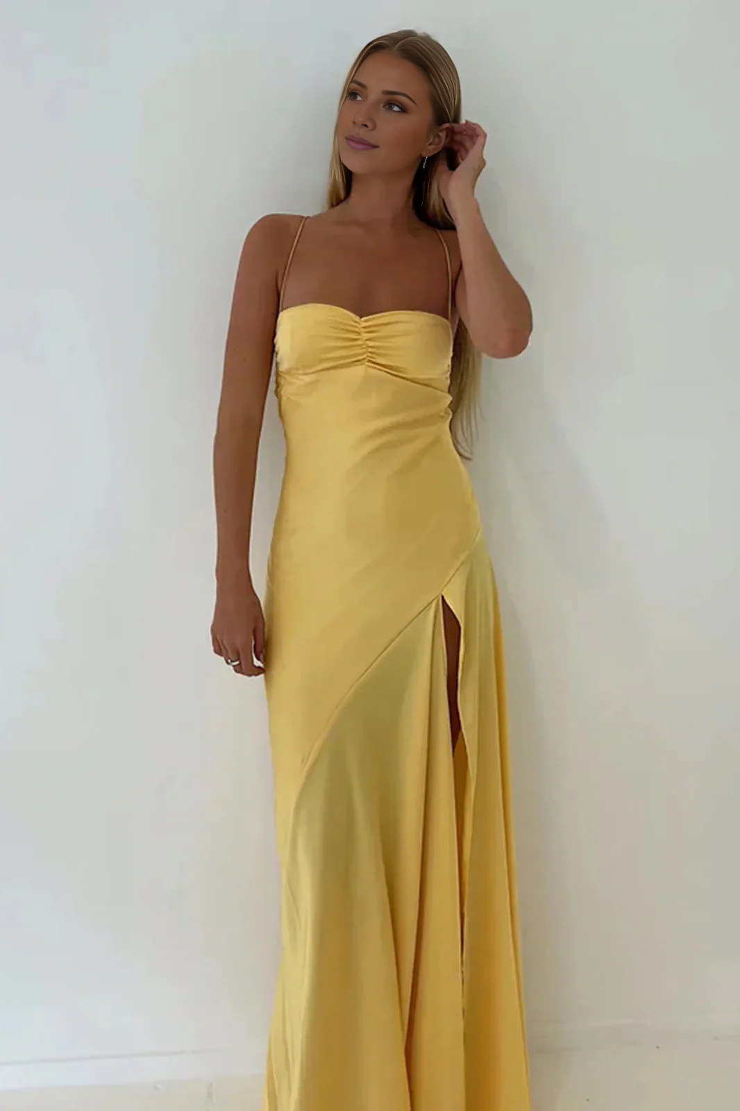 Pink Satin A-Line Floor-Length Sweetheart Dress with Ruched Bodice and High Slit
