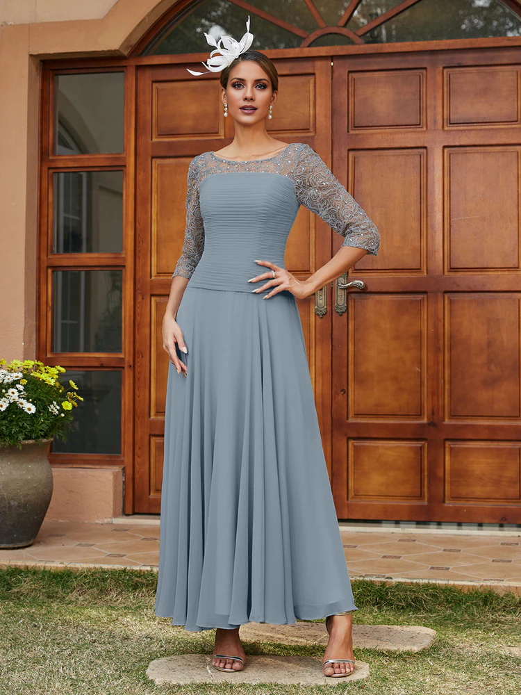 Silver Chiffon A-Line Tea-Length Dress with Boat Neck and Pleated Bodice and Lace Sleeves