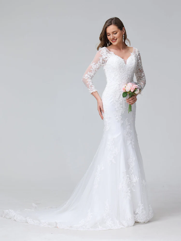 Vestido de novia de encaje con escote en V y manga larga con cola de pez cuerno