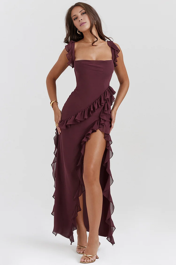 Vestido de fiesta Jimiss con escote cuadrado, hombros descubiertos, sin mangas, espalda descubierta, abertura lateral y largo hasta el suelo
