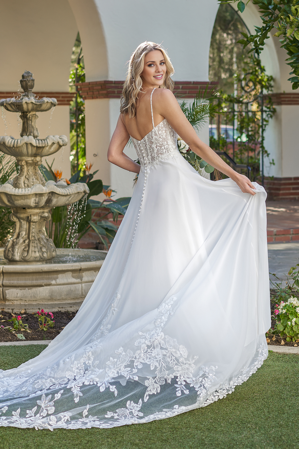 Ivory Lace Chiffon A-Line Floor-Length Bridesmaid Dress with Plunging V-Neck & Train