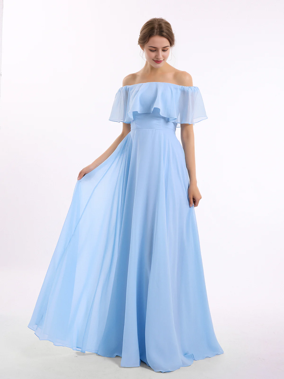 Sage Green Chiffon A-Line Off-the-Shoulder Floor-Length Bridesmaid Dress