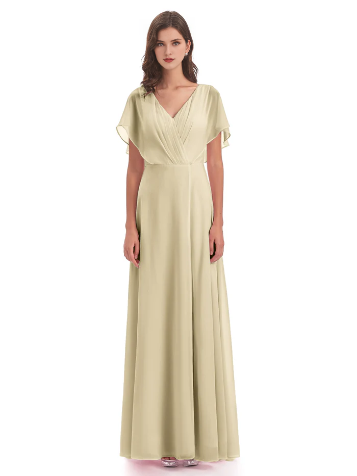 Burgundy Chiffon A-Line V-Neck Floor-Length Bridesmaid Dress with Pleated Bodice and Flutter Sleeves