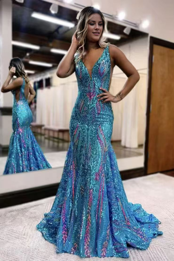 Vestido largo de fiesta con encaje y lentejuelas azules, escote en V y corte sirena de Jimiss