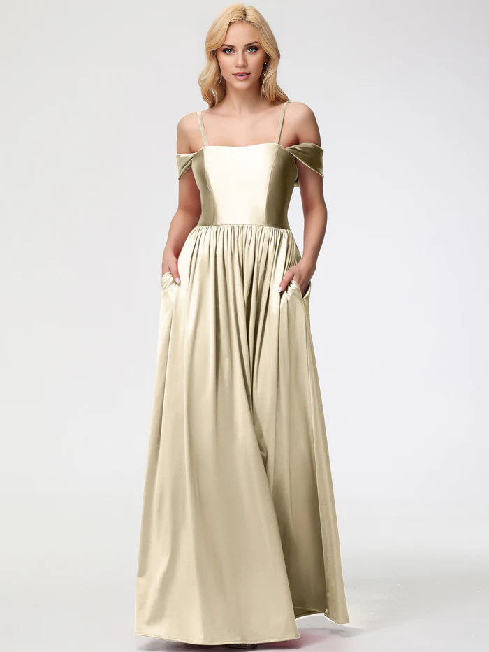 Vestido de fiesta Jimiss de satén con hombros descubiertos y largo hasta el suelo