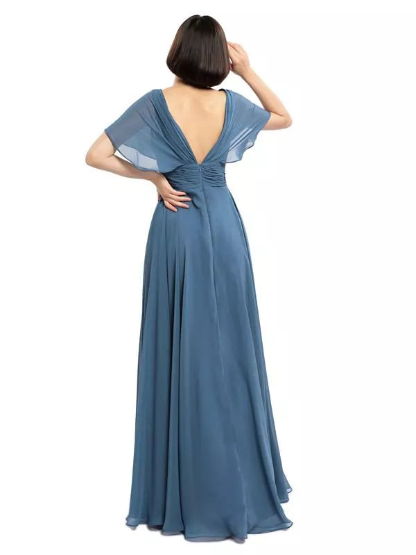 Elegantes vestidos largos de dama de honor de gasa con escote en V y mangas cortas