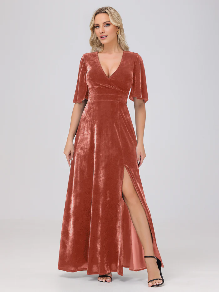Abito da damigella d'onore in velluto con scollo a V, maniche corte e spacco, lunghezza al pavimento