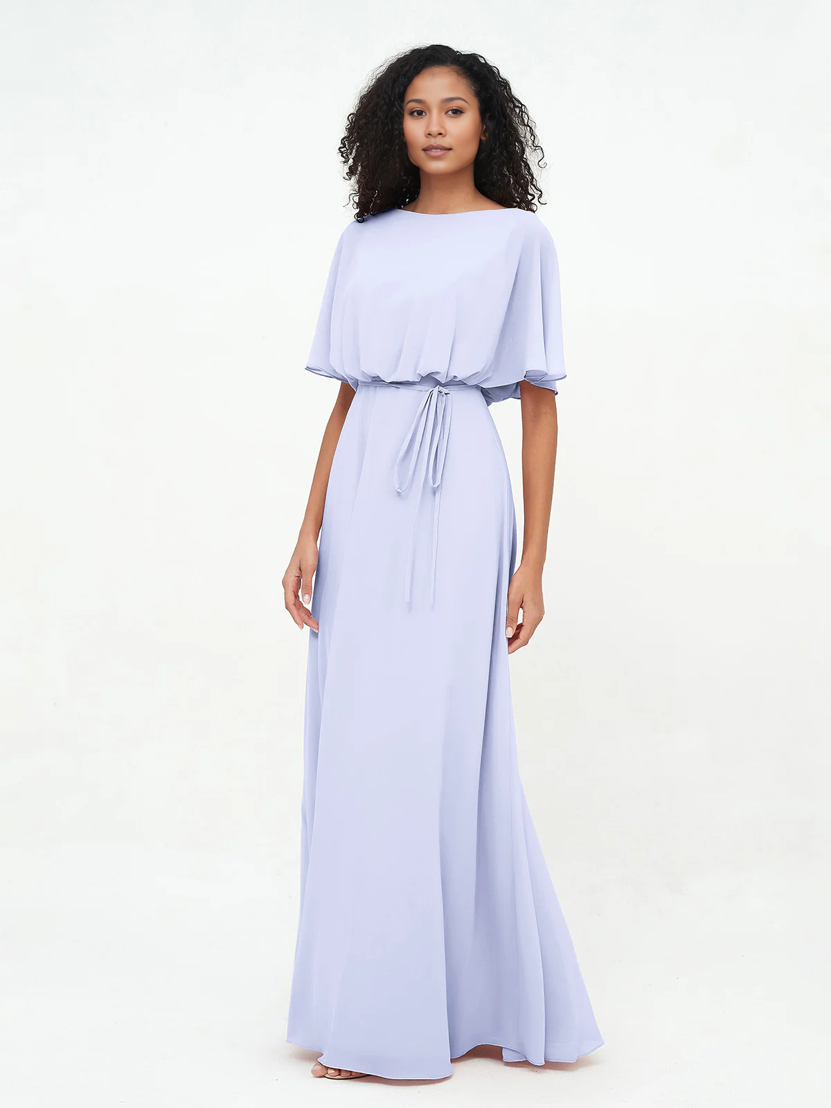 Butter Chiffon A-Line Floor-Length Bridesmaid Dress with Boat Neck & Self-Tie Waist