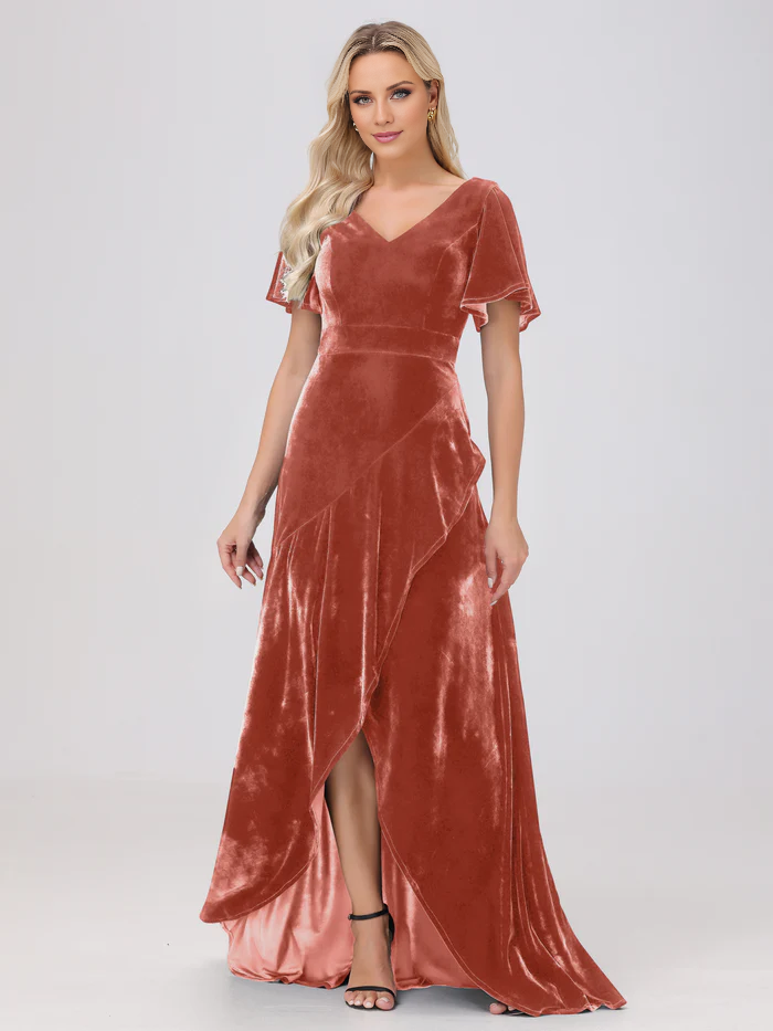 Vestido de dama de honor largo hasta el suelo, de terciopelo, con volantes y manga corta y escote en V