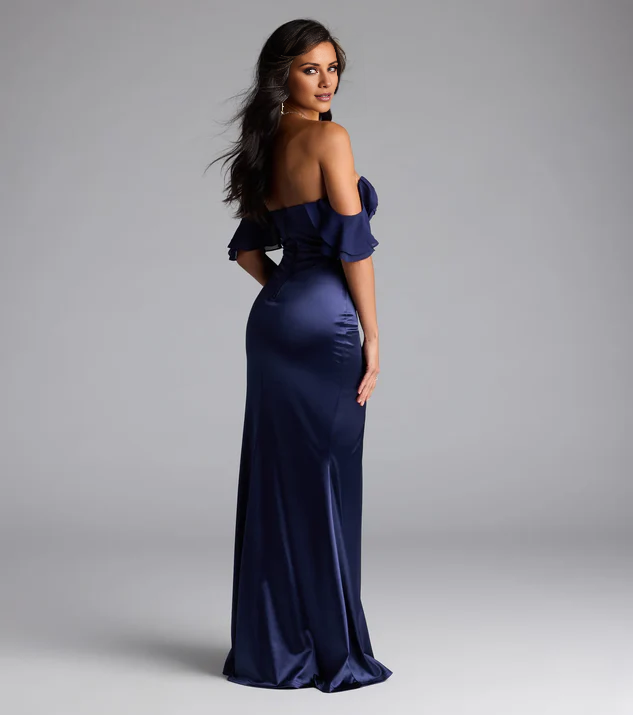 Jimiss heart-shaped neckline satin side slit backless and floor length Prom dress