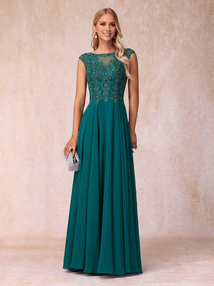 Teal Embroidered Illusion Bodice A-Line Floor-Length Bridesmaid Dress