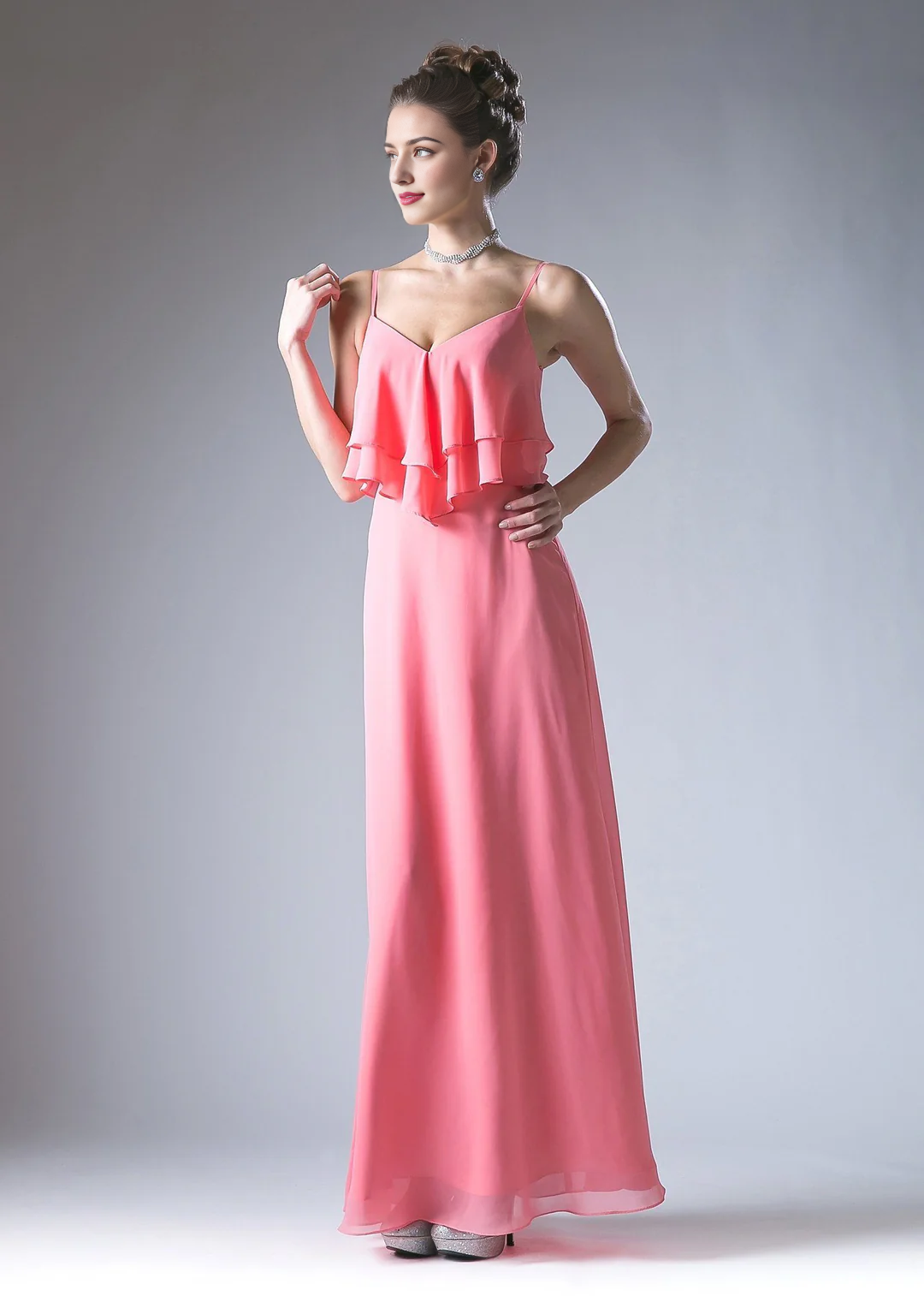 Red Chiffon A-Line V-Neck Floor-Length Bridesmaid Dress with Tiered Ruffles