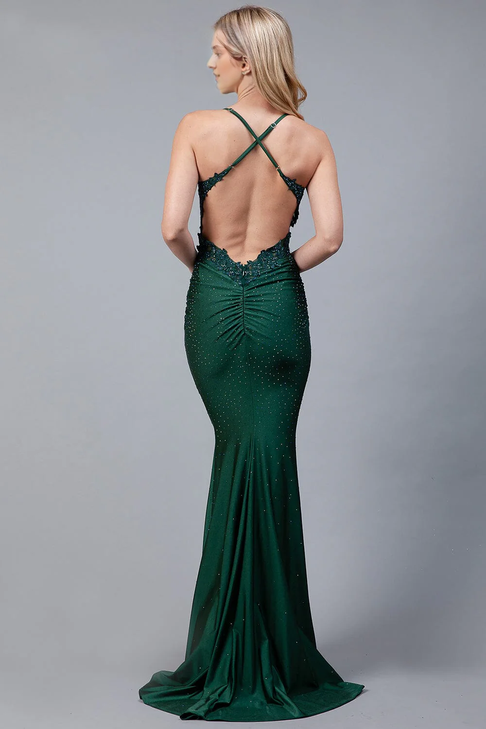 Emerald Satin Lace Mermaid Floor-Length Dress with Beaded Bodice