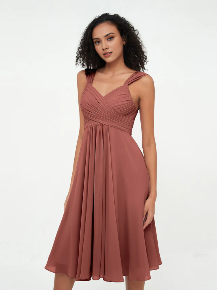 Sage Green Pleated Chiffon A-Line Knee-Length Dress