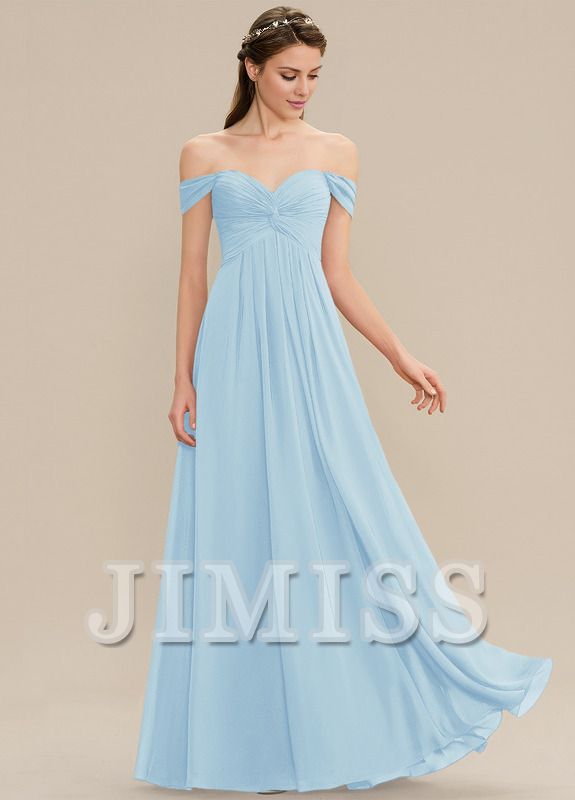 Vestido de dama de honor de gasa con volantes, corte A, hombros descubiertos y largo hasta el suelo