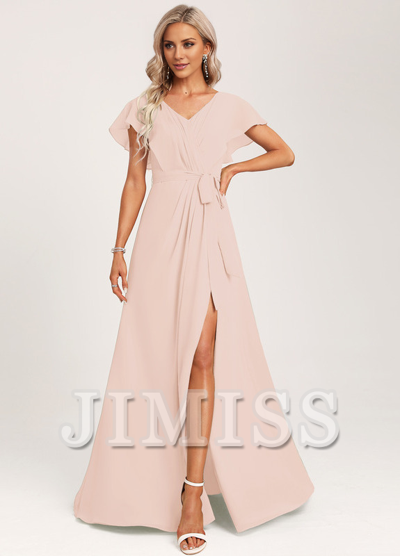 Vestido de dama de honor de gasa con volantes, escote en V y largo hasta el suelo