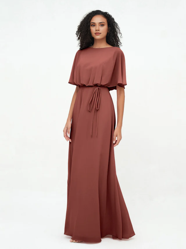 Olive Green Chiffon A-Line Floor-Length Bridesmaid Dress with Draped Bodice & Drawstring Waist