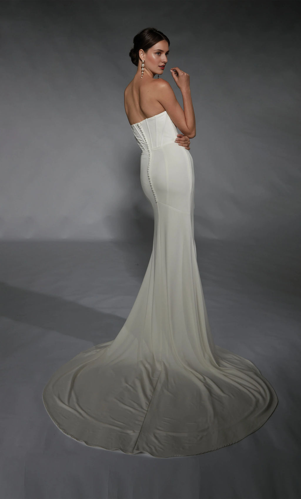 Ivory Crepe Sheath/column Floor-Length Dress with Sweetheart Neckline, Corset Bodice, High Slit & Draped Skirt