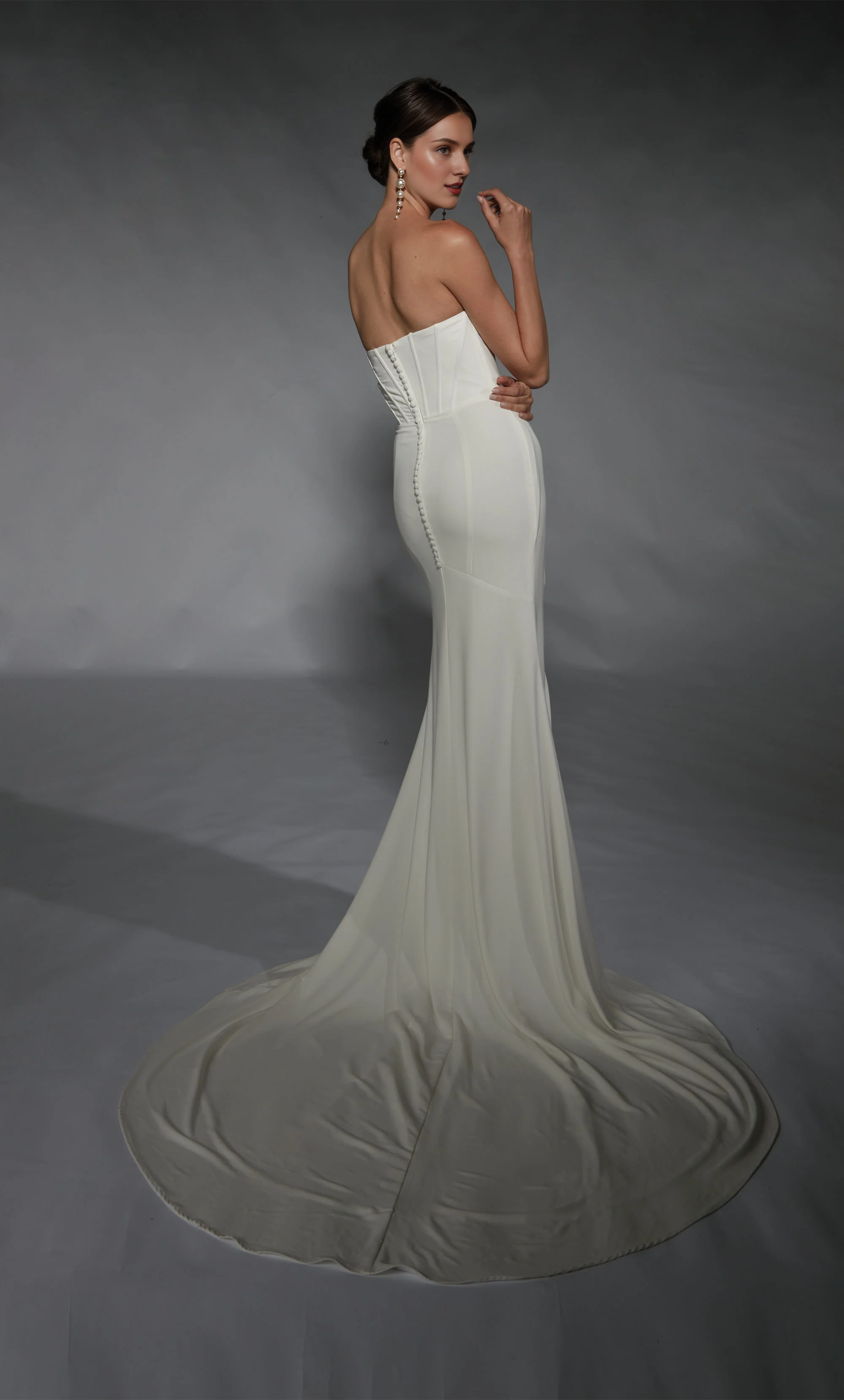 Ivory Crepe Sheath/column Floor-Length Dress with Sweetheart Neckline, Corset Bodice, High Slit & Draped Skirt