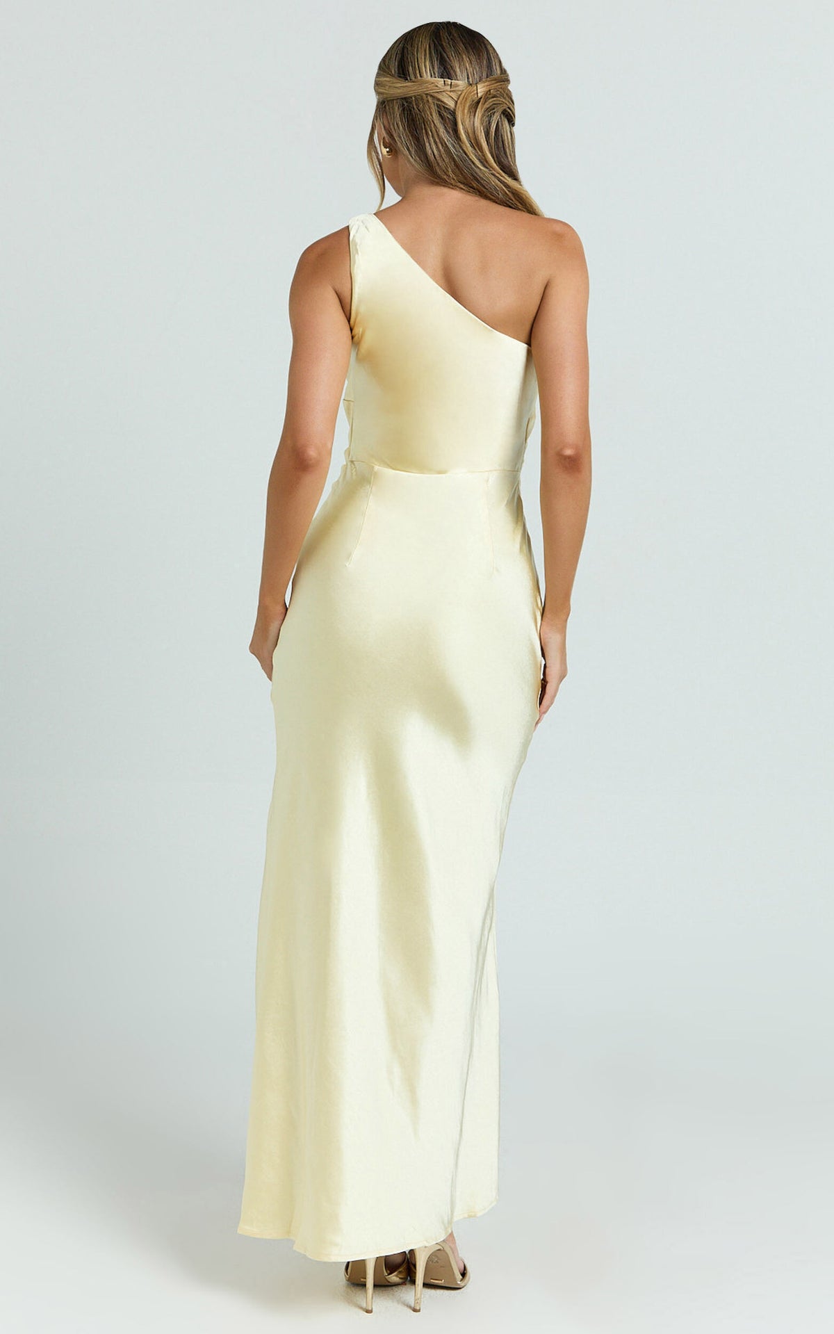 Vestido de fiesta Jimiss con escote asimétrico, hombros descubiertos, sin mangas, espalda descubierta, abertura lateral y largo hasta el suelo