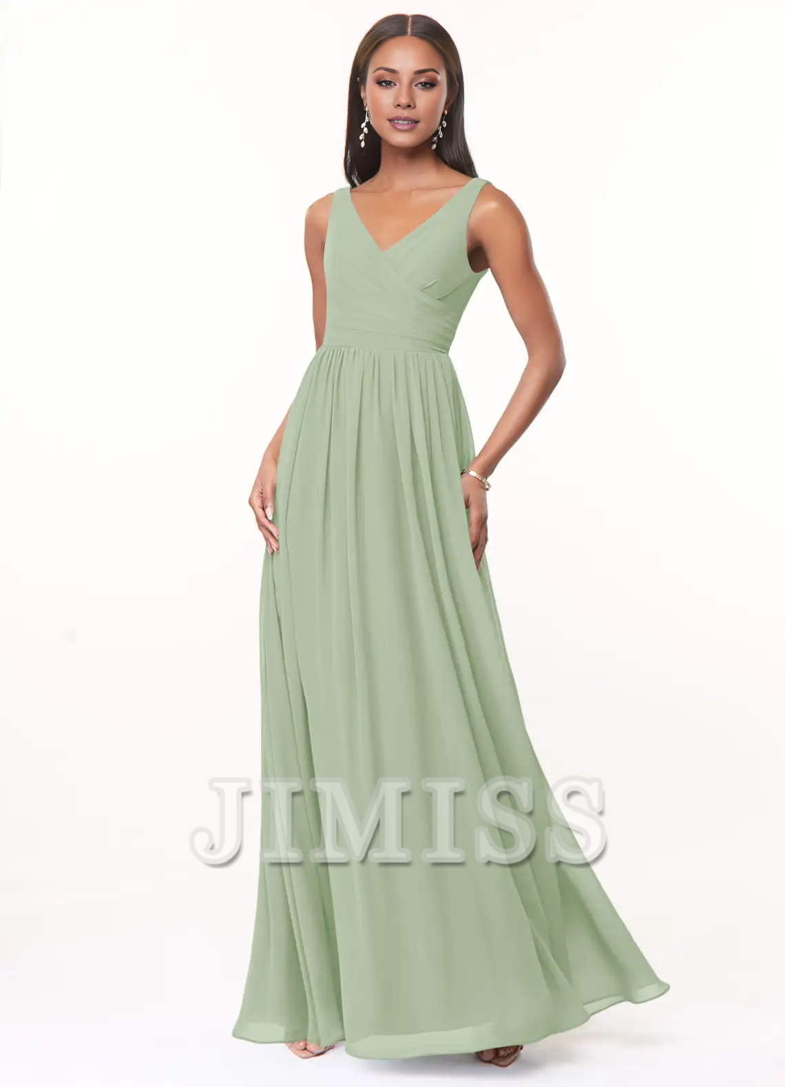 Vestido de dama de honor de gasa plisada con escote en V y corte A hasta el suelo - Vestido Jimiss 