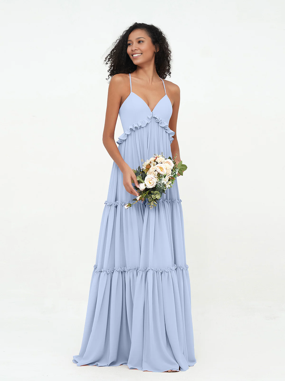 Sage Green Chiffon Tiered Floor-Length Dress with V-Neck and Ruffle Trim