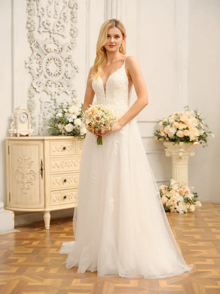 Vestido de novia largo sin mangas con tirantes finos, corte A y lentejuelas, estilo princesa
