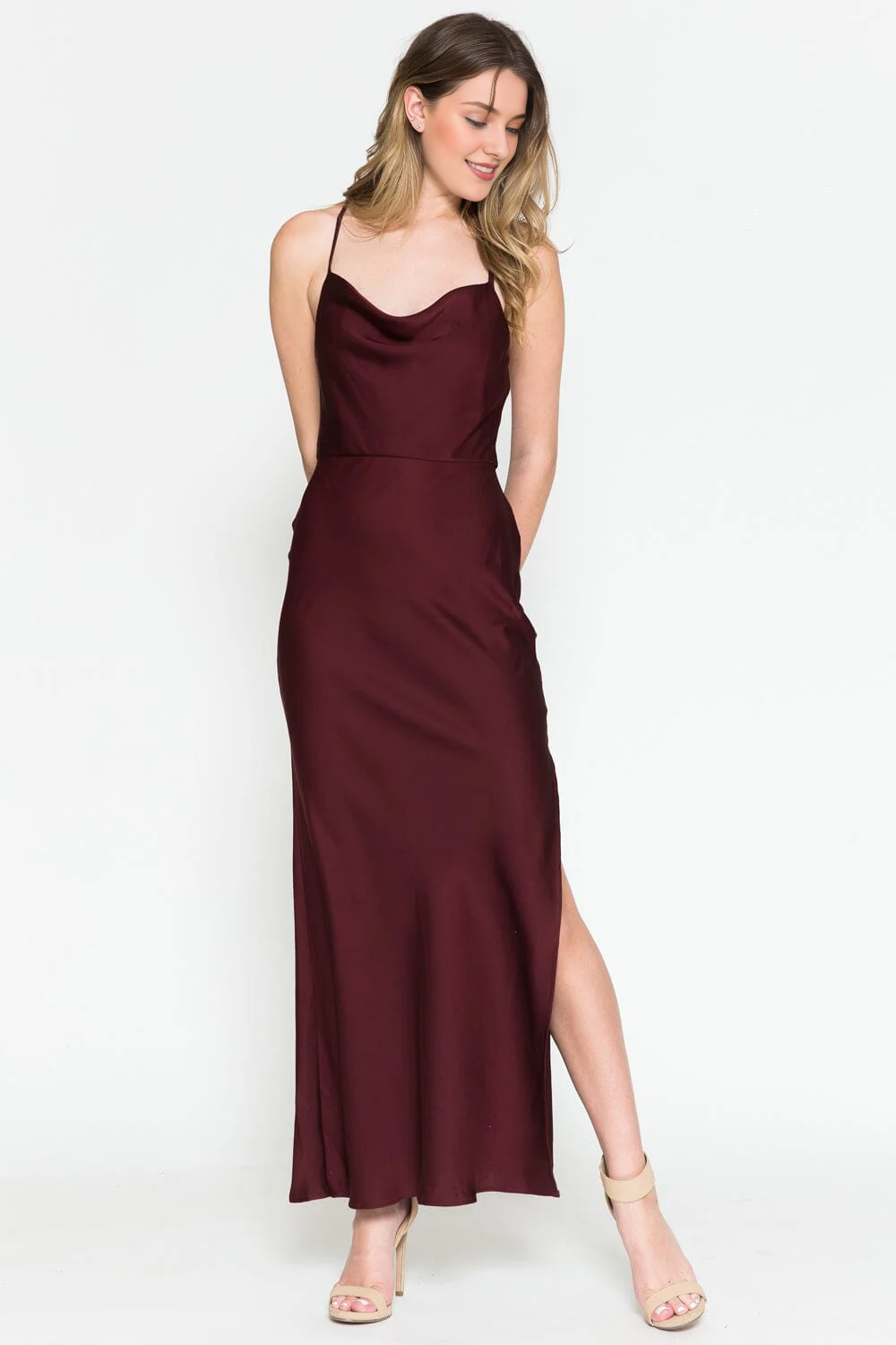 Fitted slit skirt long sleeveless high neck satin dress