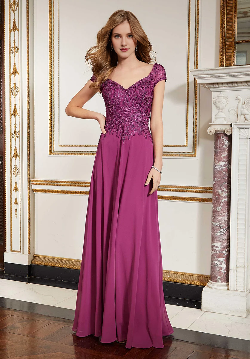 Elegant Dark Navy V-Neck A-Line Floor-Length Chiffon Dress with Lace Bodice & Cap Sleeves