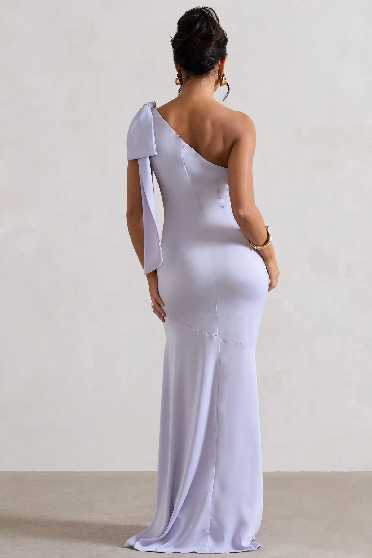 Vestido de noche largo hasta el suelo de satén con lazo y cuello asimétrico - Jimiss Dress 