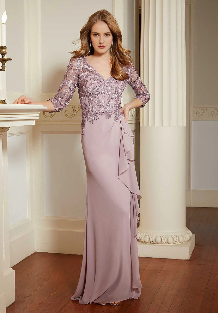 Dark Navy Embroidered Lace & Chiffon V-Neck A-Line Floor-Length Evening Dress