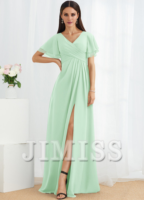 Abito da damigella d'onore in chiffon lungo fino al pavimento, con scollo a V e linea ad A