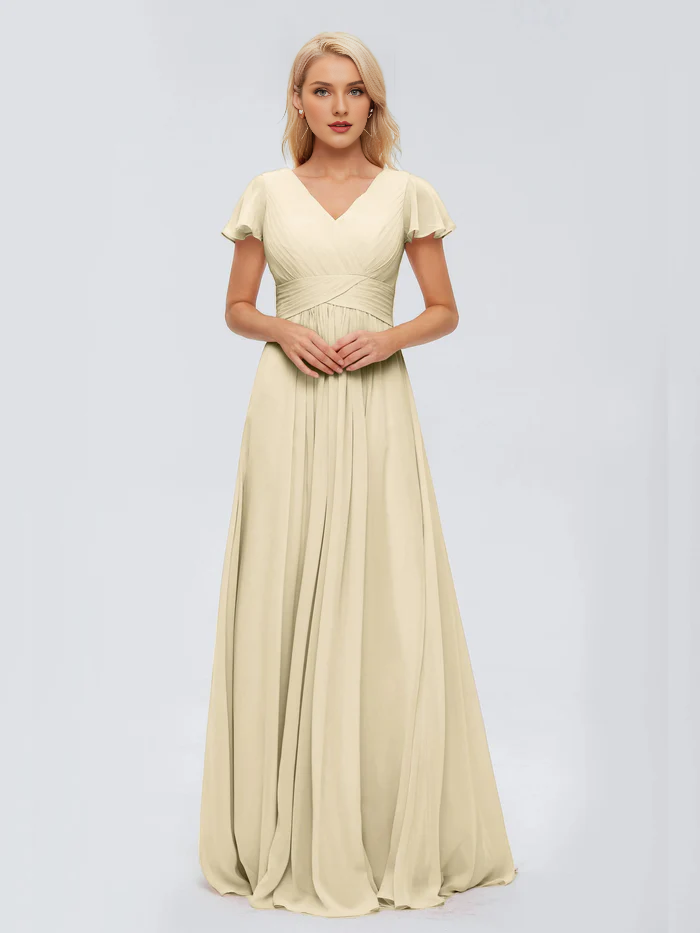 Burgundy Chiffon A-Line Floor-Length Bridesmaid Dress with Ruched V-Neck & Flutter Sleeves