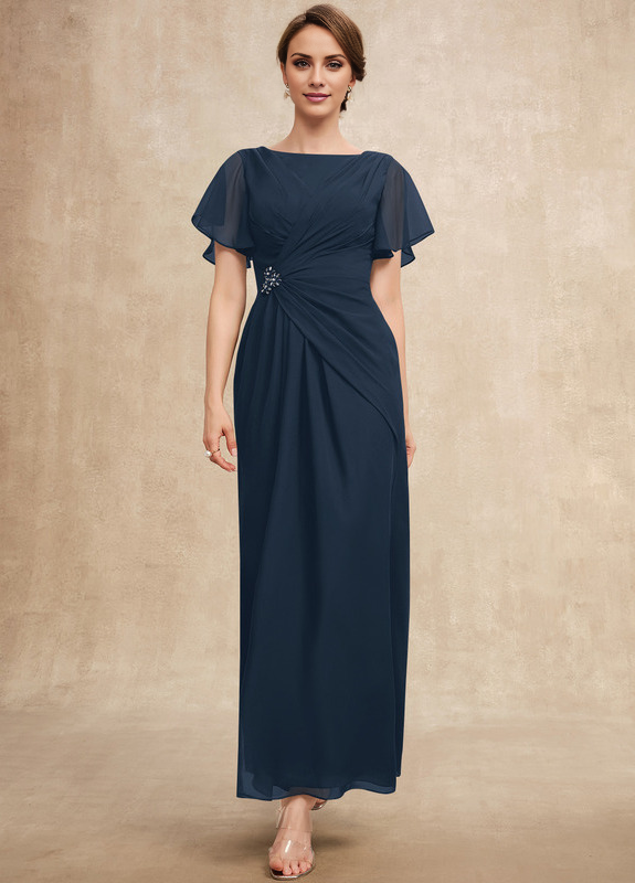 Vestido de gasa para madre de la novia, de corte A, plisado, con cuentas y escote pronunciado hasta los tobillos