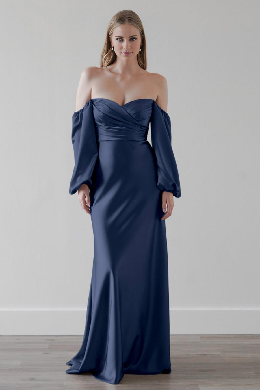 Vestido de noche Jimiss con hombros descubiertos, sin tirantes, de manga larga, sin espalda y largo hasta el suelo