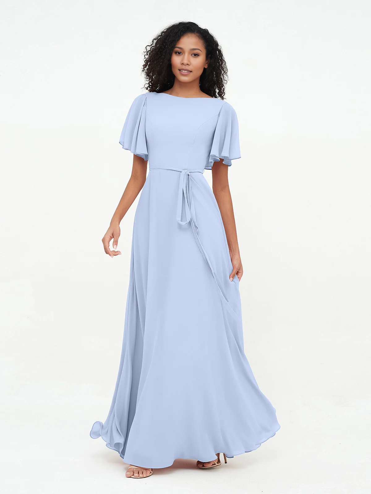 Dark Navy Chiffon A-Line Floor-Length Bridesmaid Dress with Flutter Sleeves & Tie Waist