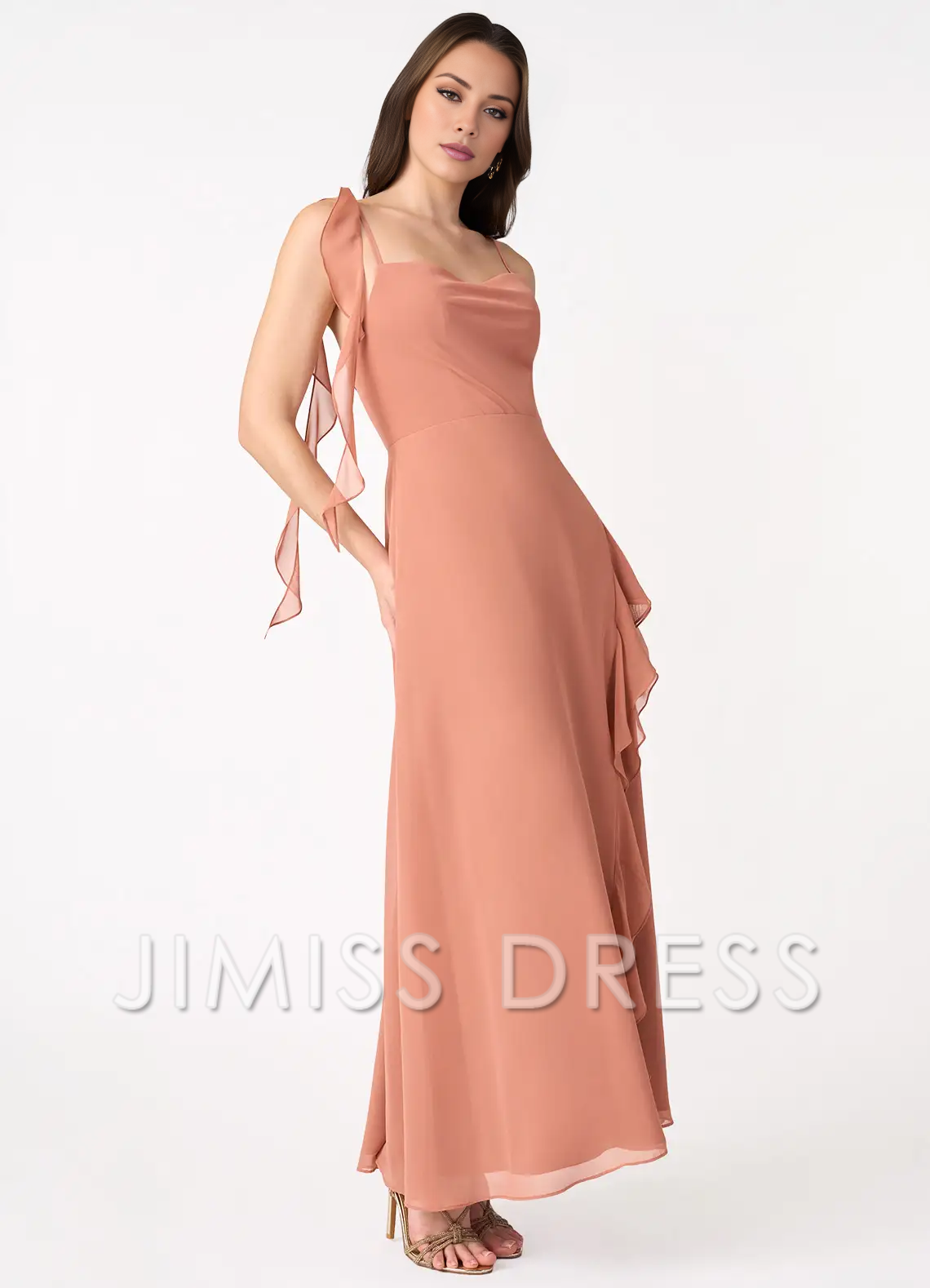 Vestido de fiesta Jimiss de gasa con hombros estrechos, borde con volantes asimétricos, abertura lateral y largo hasta el suelo 